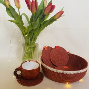 Conjunto de cesta multiusos y posavasos artesanales - Terracota